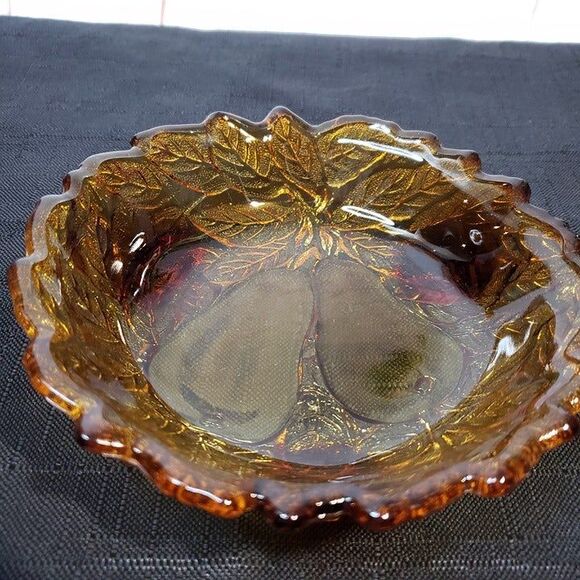 Beautiful Indiana Glass Gold Amber Pear Footed Condiment Bowl Candy Dish - Picture 4 of 8